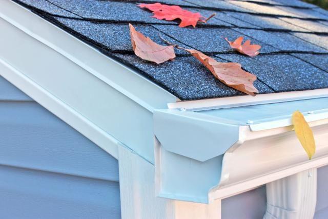 Close-up of a house roof with autumn leaves resting on asphalt shingles and white guttering.